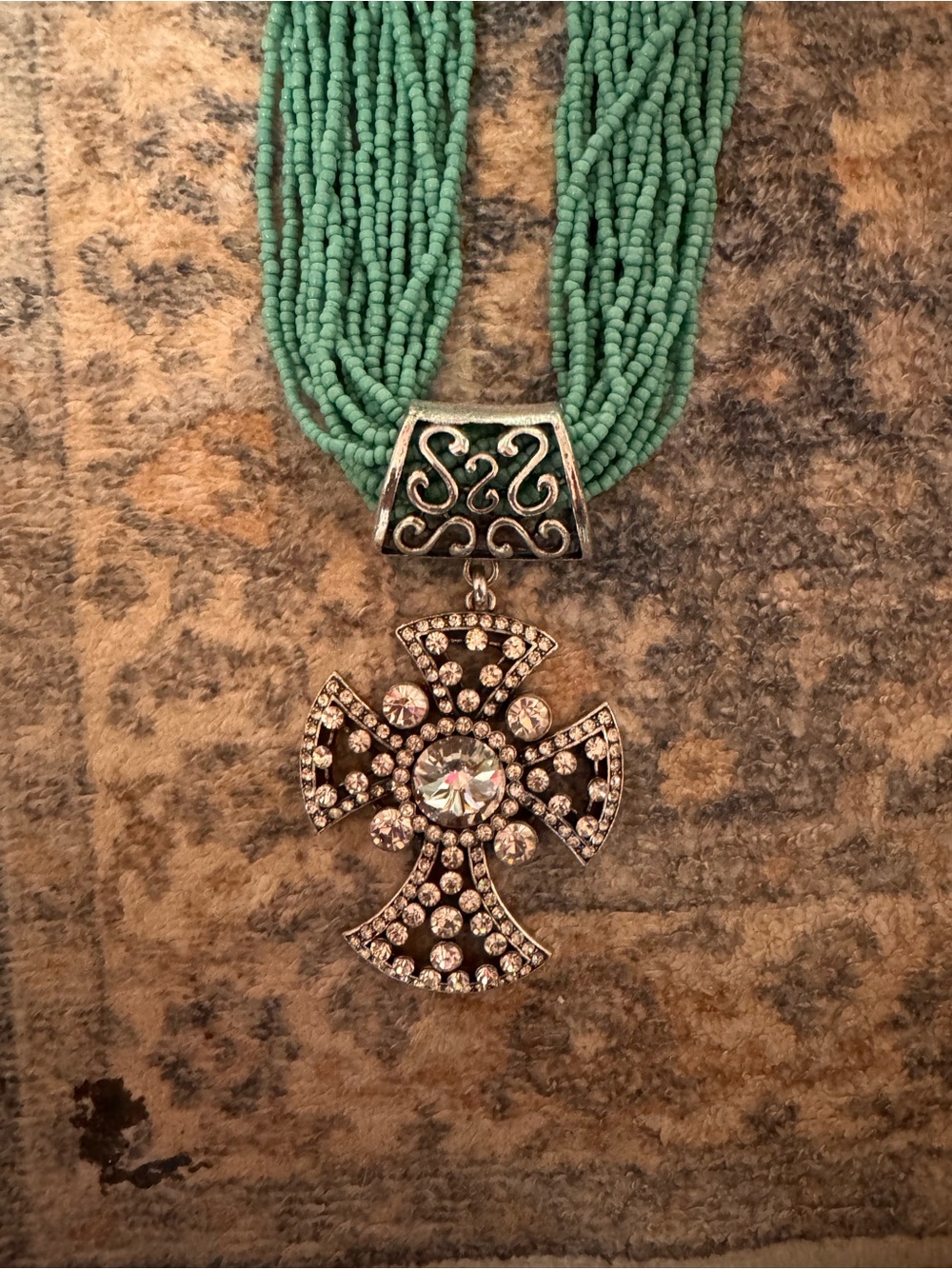 Beaded Turquoise Multi-Strand Necklace with Crystal Cross Pendant